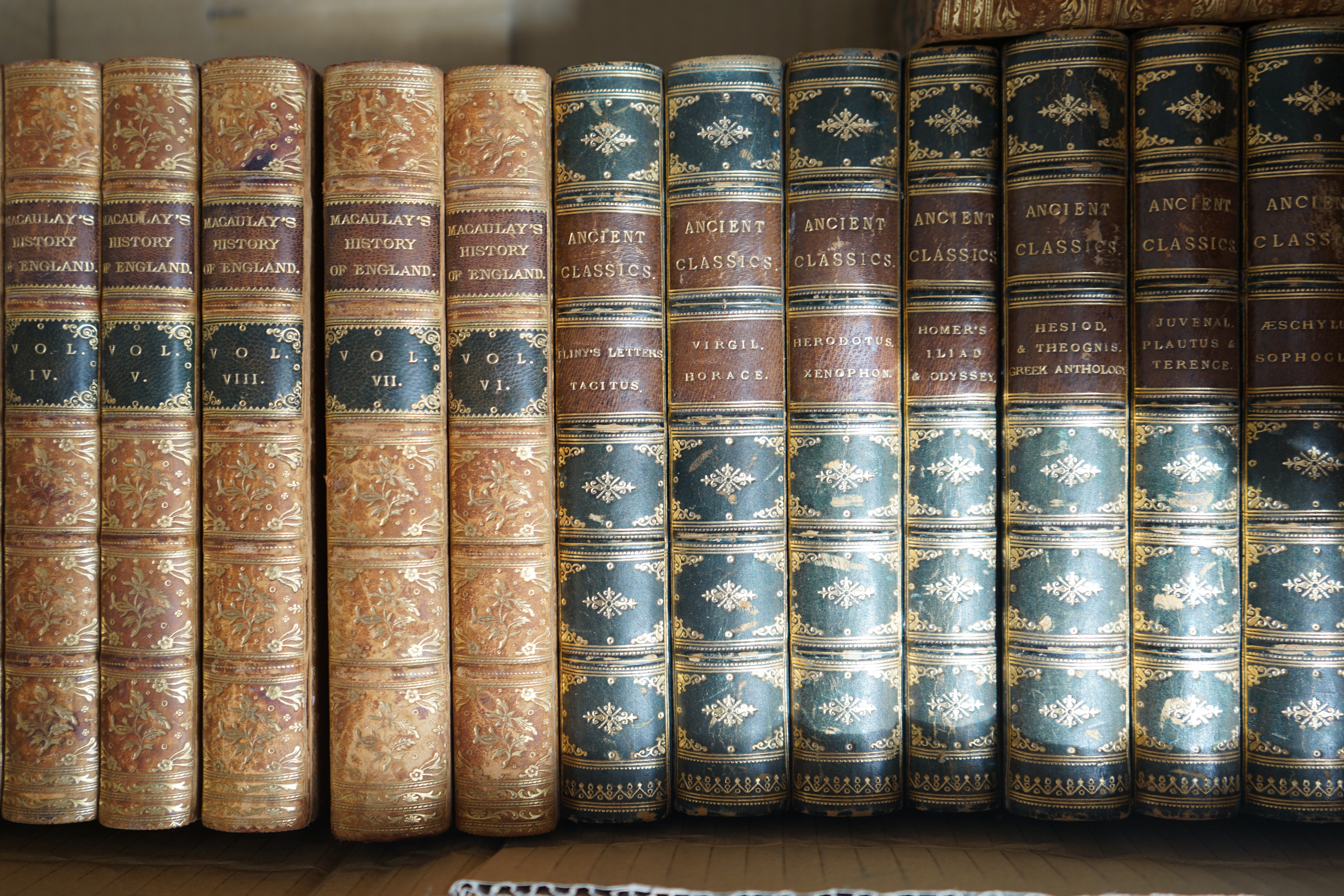 BINDINGS - Macaulay, Thomas Babington - The History of England, 8 vols, 8vo, tree calf, Longmans, Green, and Co., London, 1869 and Collins, W. Lucas (editor) - Ancient Classics for English Readers, 10 vols, half blue mor